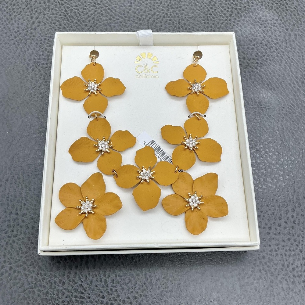 C&C California Necklace Earrings Flower Dangle‎ Stud Mustard Yellow Rhinestone